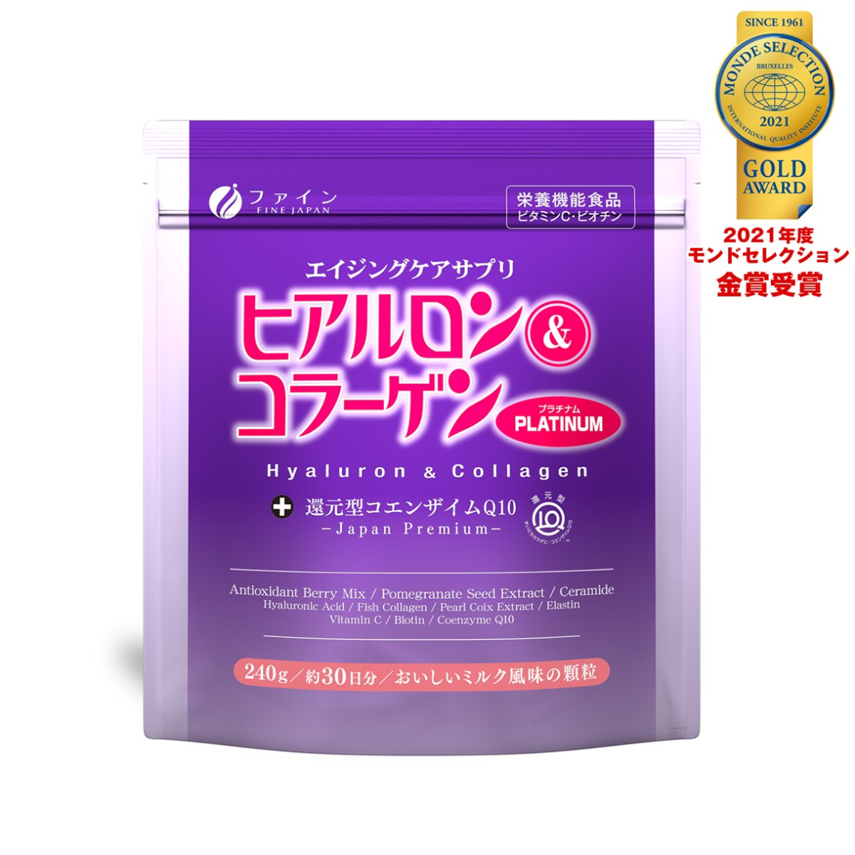 FINE JAPAN Hyaluron&Collagen Platinum морський колаген з екстрактом ягід, 240 гр
